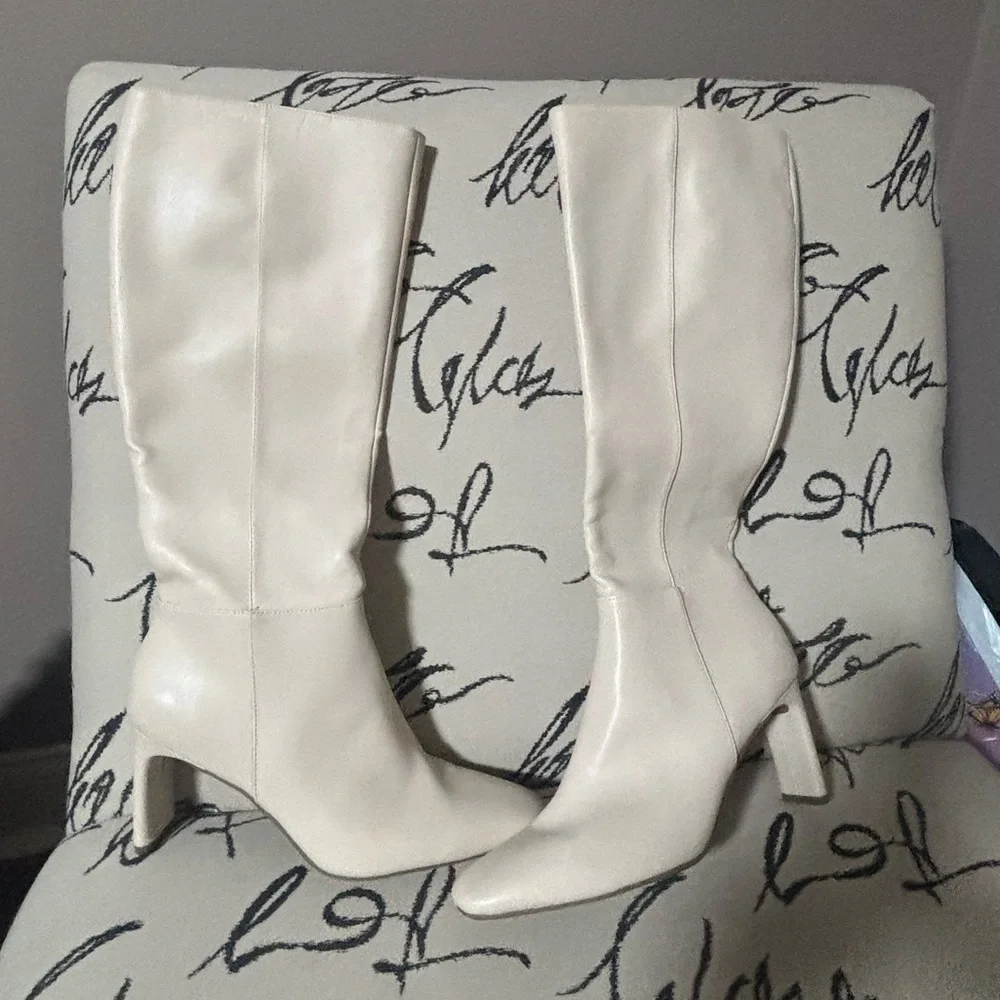 Alfani Womens Tristanne Faux Leather Tall Knee-High Boots Ivory 10M Bone Smooth